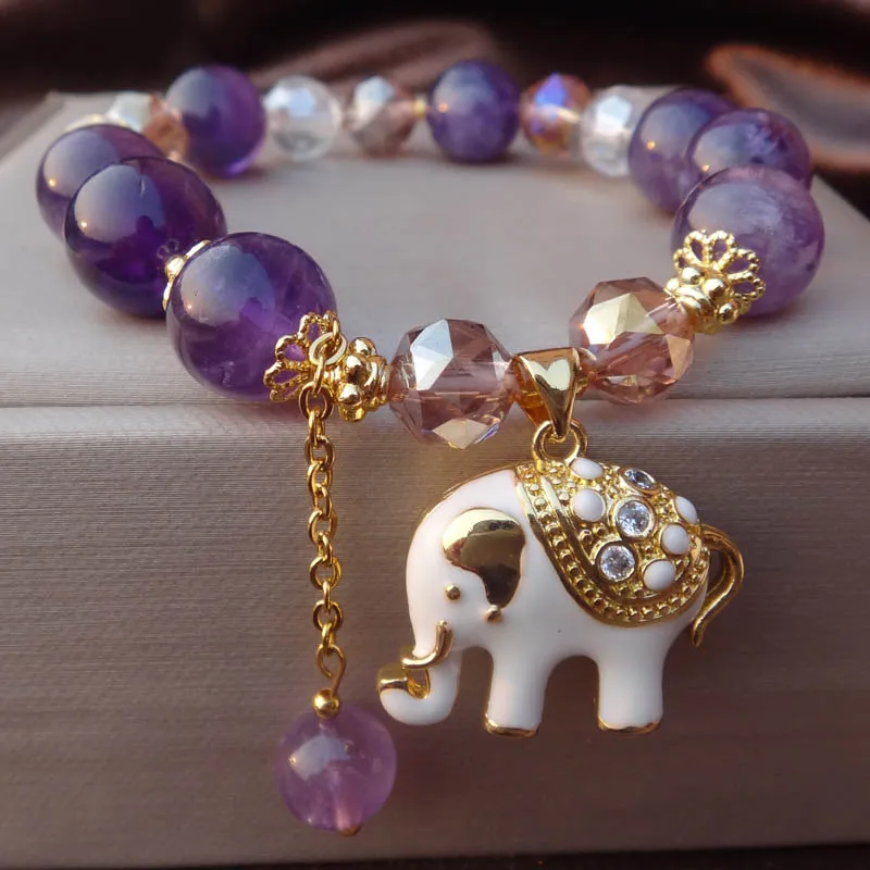 10mm Natural Amethyst Bracelets Women's Light Luxury Retro Elephant Pendant Adjustable Bangles Festival Party Jewelry Gifts