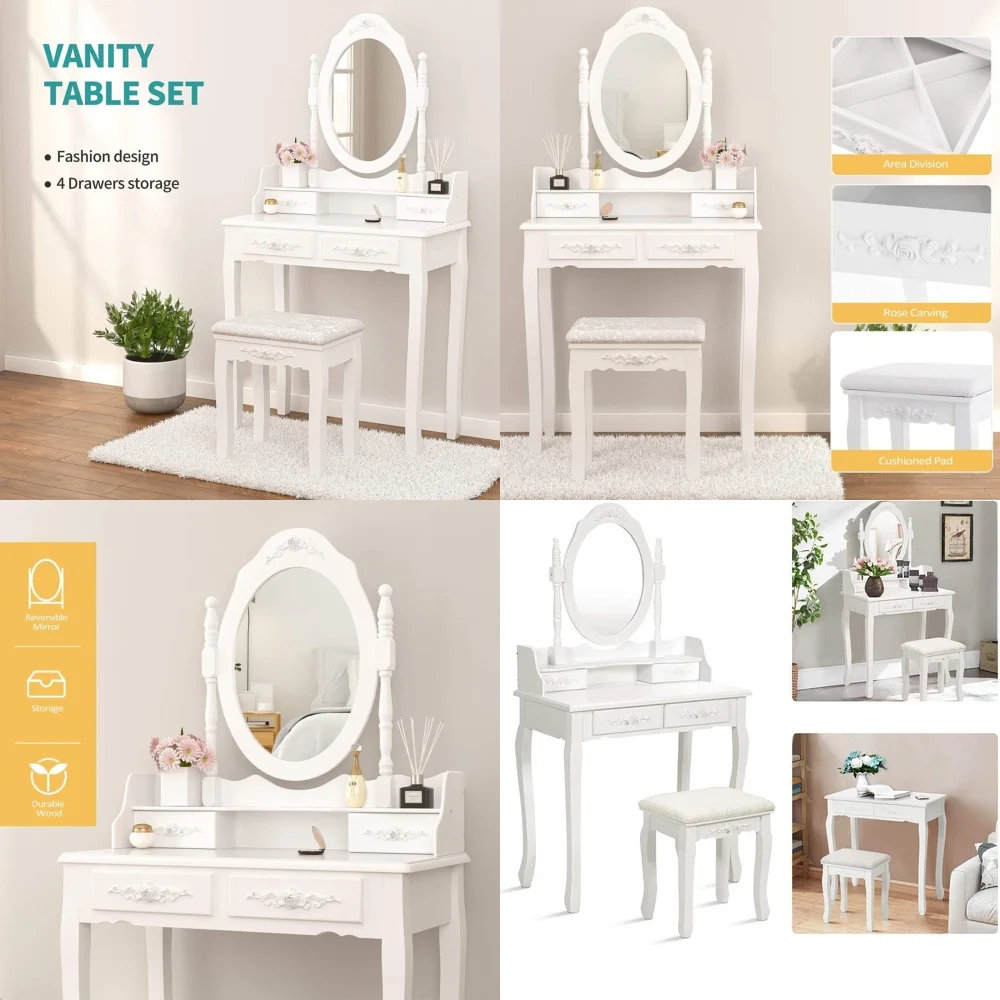 Tocador de maquillaje, tocador con 4 cajones, espejo de maquillaje y organizador de joyas para niñas