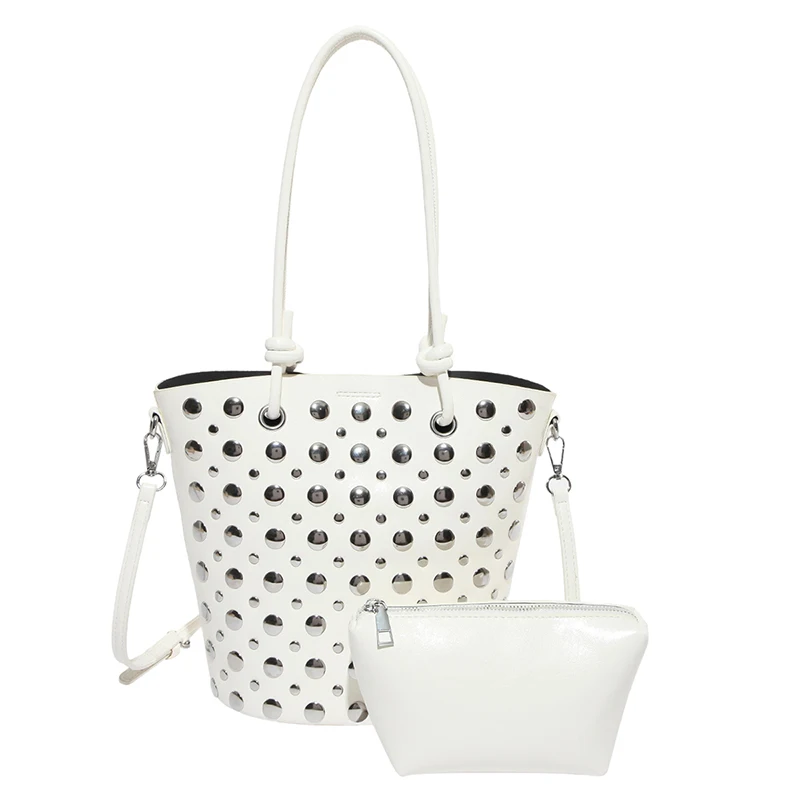 

Повседневные женские сумки из искусственной кожи, высококачественные женские сумки через плечо с заклепками, модная женская сумка-ведро через плечо