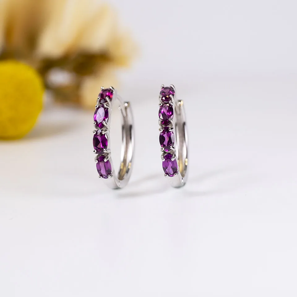 Bolai Natural Rhodolite Garnet Hoop Clip Earrings Real 925 Sterling Silver 5*3mm Gemstone Jewelry for Woman Wife Birthday Gift