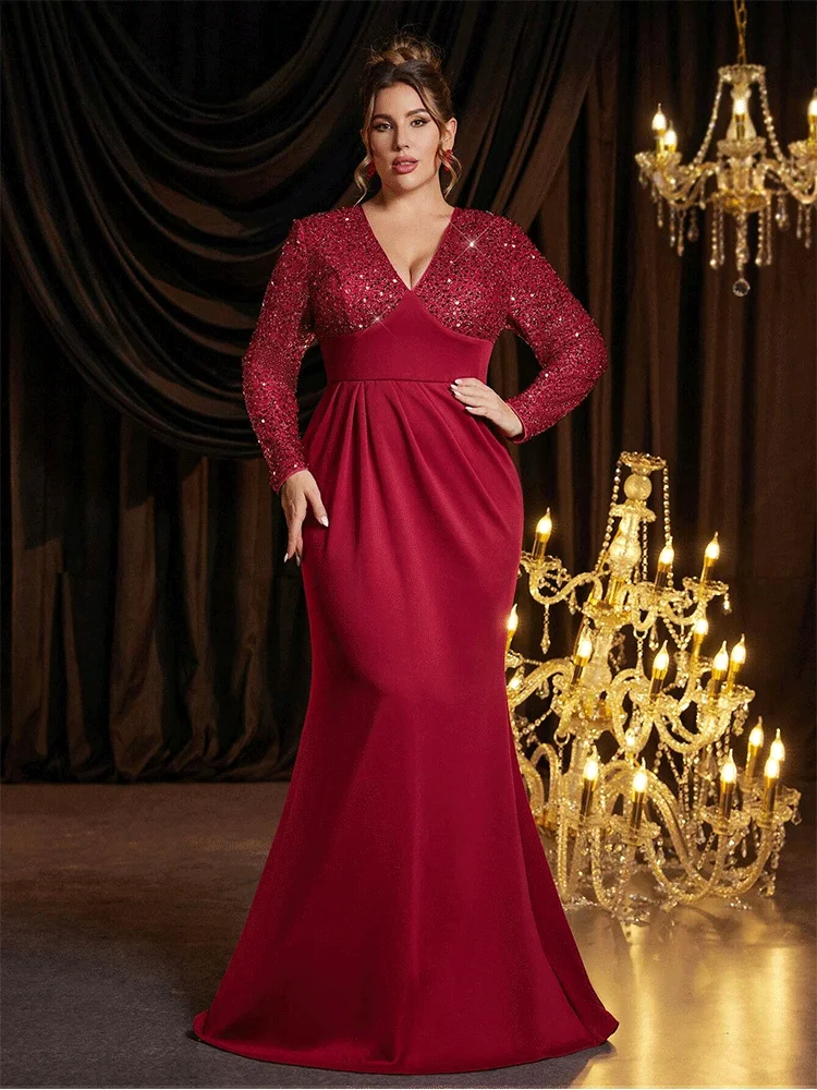 Plus Size V Neck Long Sleeve Luxury Elastic Floor-Length Shining Evening Dress 4xl 5xl Big Size Red Banquet Luxury Prom Gown