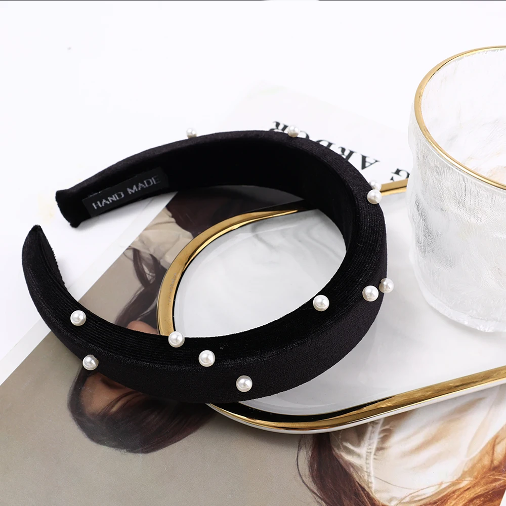 Black velvet pearl headband Women high skull top retro headhoop Hair band showing face small wide-brimmed elegant hair headdress