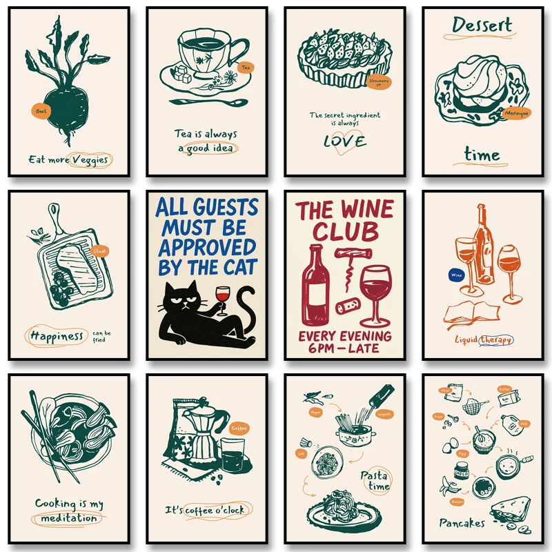 Póster de comida Gourmet Vintage, pintura en lienzo de gato, impresión minimalista, imagen artística de pared para comedor, cocina, decoración del hogar