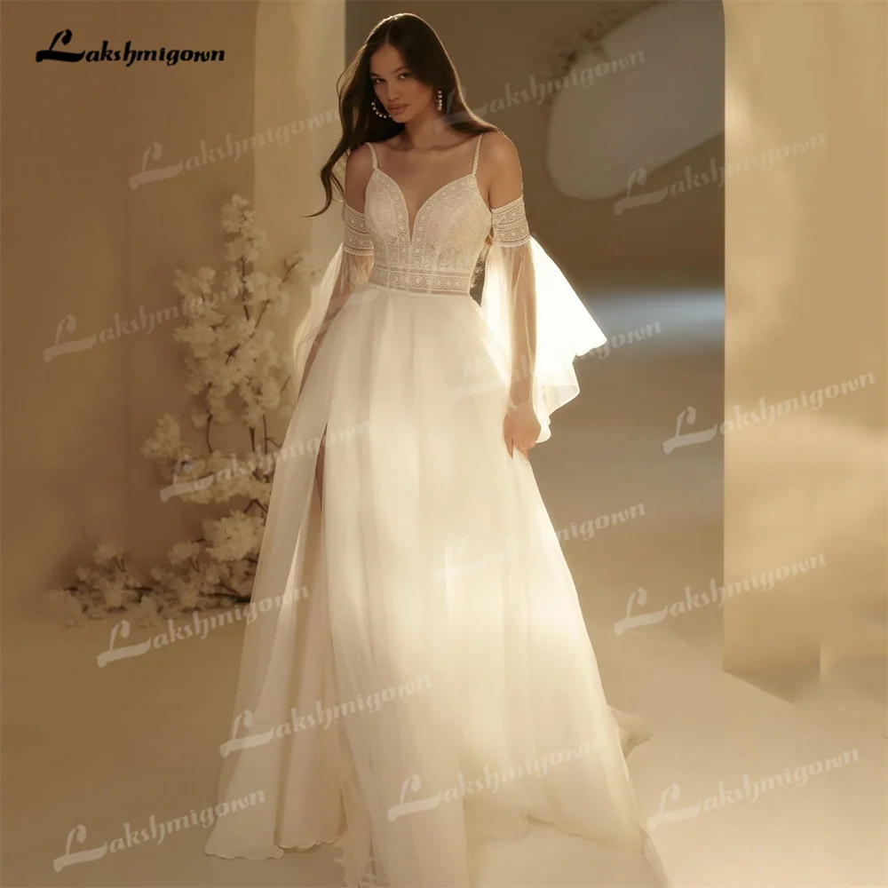 Robe de mariée en mousseline de soie à bretelles spaghetti pour femmes, robe de mariée A-ligne, fente sur le côté haut, objets personnalisés, dentelle, formelle, longue, élégante, mariée, quoi que ce soit