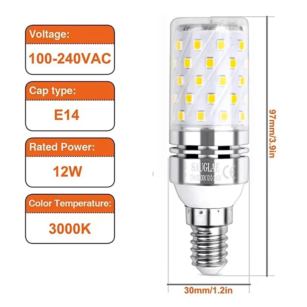 Melery E14 LED Corn Light Bulbs 12W Lamp 1200W Incandescent Equivalent 6000K Daylight White Candelabra 1200Lm Edison Screw 4Pack