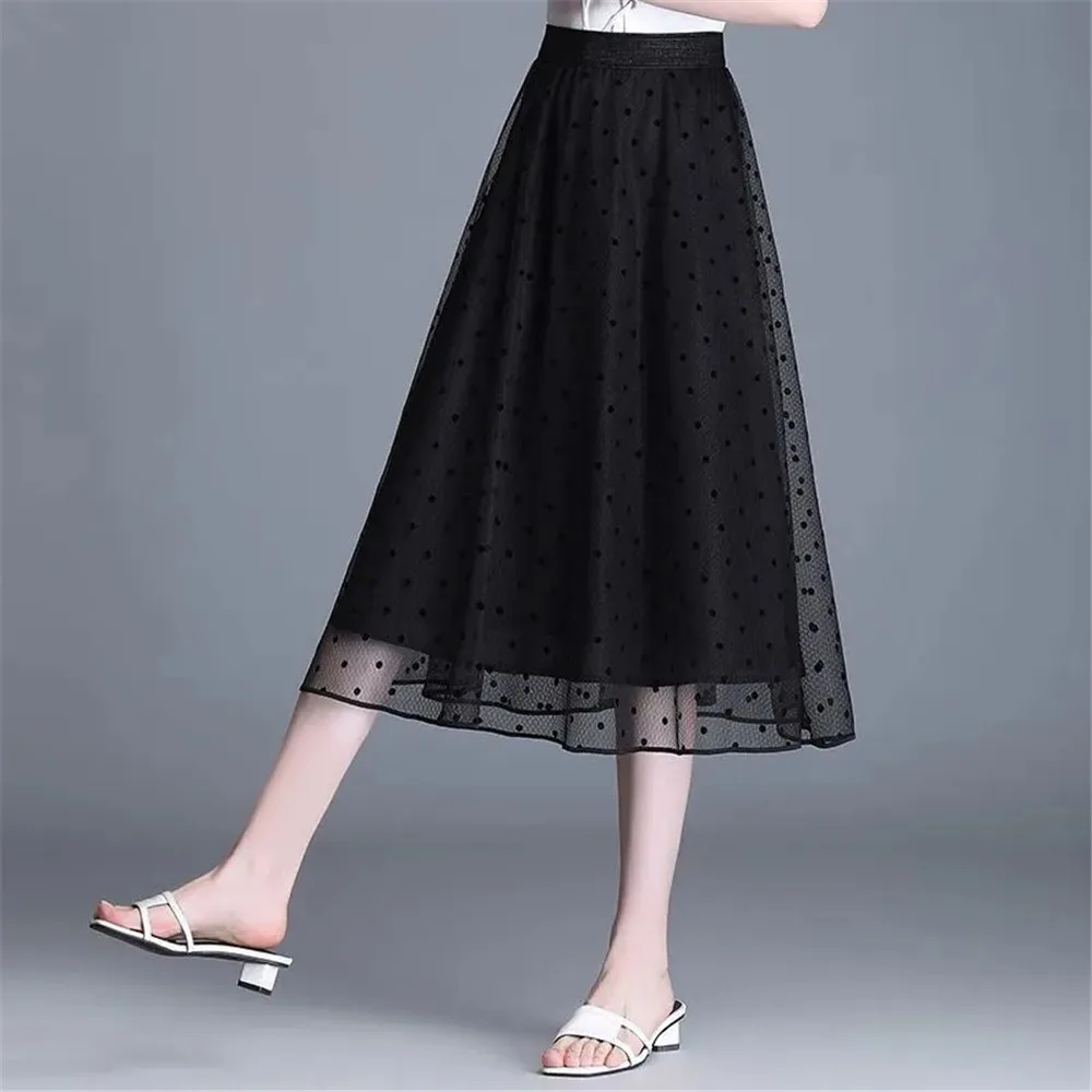 

5xl Polka Dot Tulle Black Midi Skirts Womens Elastic High Waist Mesh Tutu Pleated Skirts Female Lady Mesh Long Skirt Streetwear