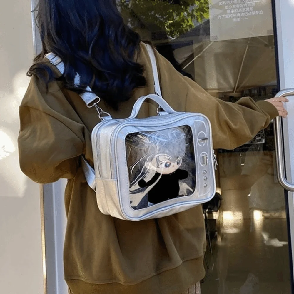 Fashion PU TV Model Backpack Large Capacity Ulzzang Transparent Layer Ita Bag Crossbody Bag Lightweight Shoulder Bag Women
