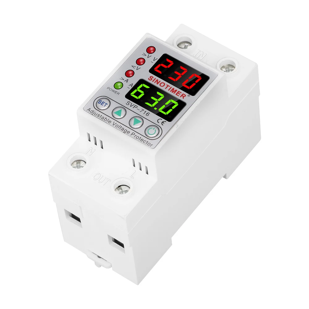 Din Rail Dual Display Adjustable Over Voltage Current and Under Voltage Protective Device Protector Relay 40A 63A 80A 220V 230V