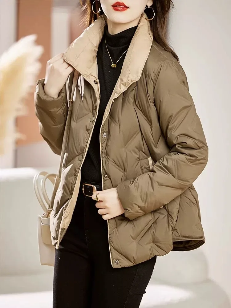Women Ultra Light White Duck Down Jacket Double Sided Puffer Coat With Female Casual Short Reversible Parkas