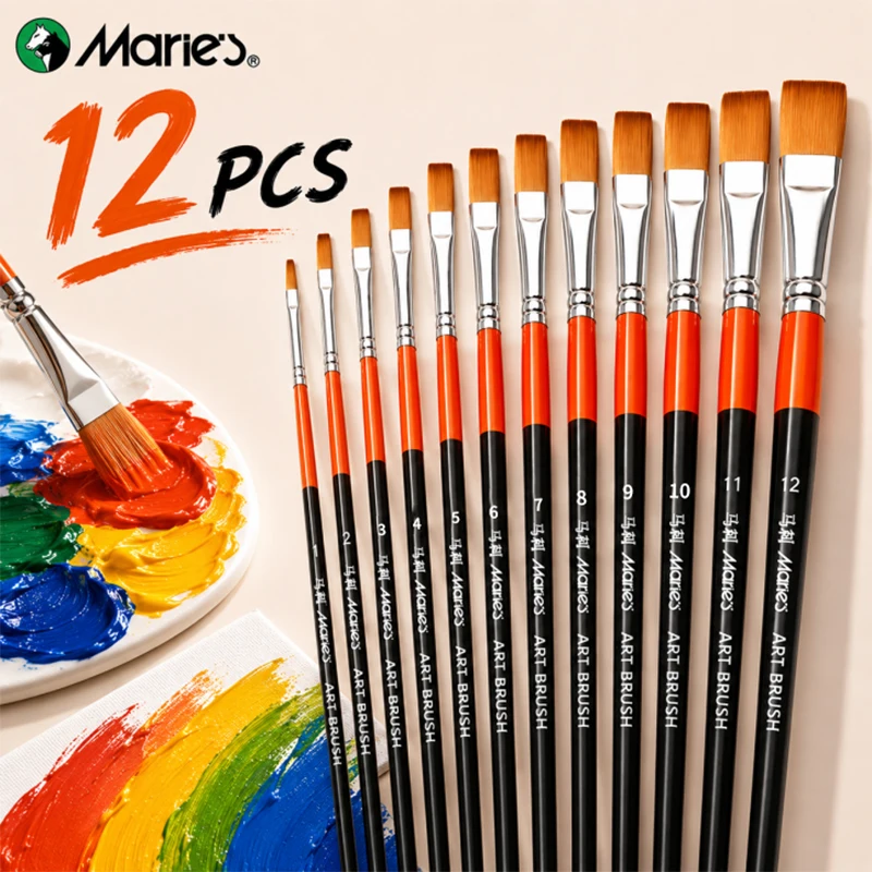 

12pcs Marie's Nylon Flat Brushes Set,Professional Artist Painting Brush for Canvas ,Acrylic,Oil,Watercolor,Back to School gift