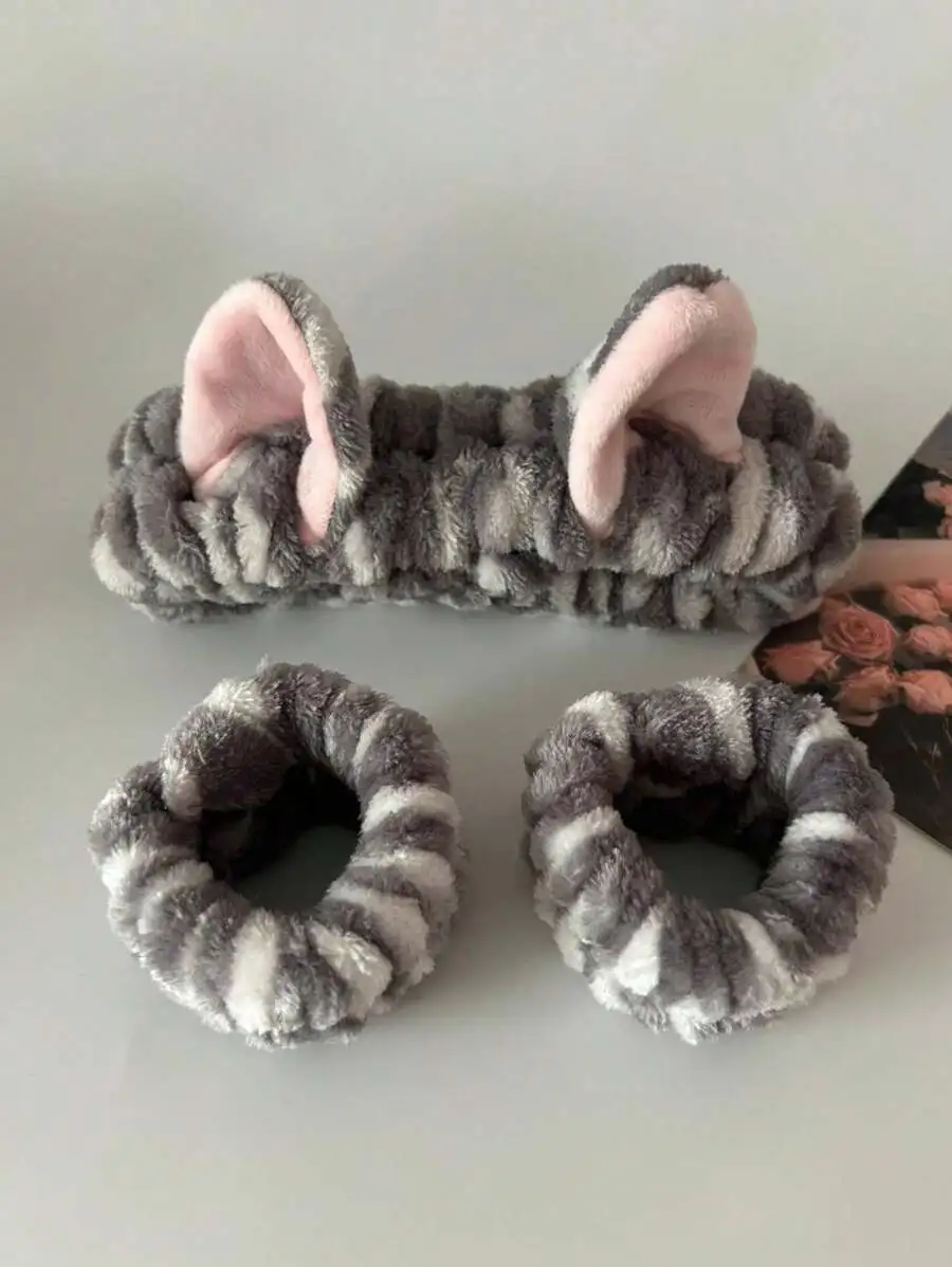 

3pcs Gray Striped Cat Ear Headband And Hair Ties Set For Women