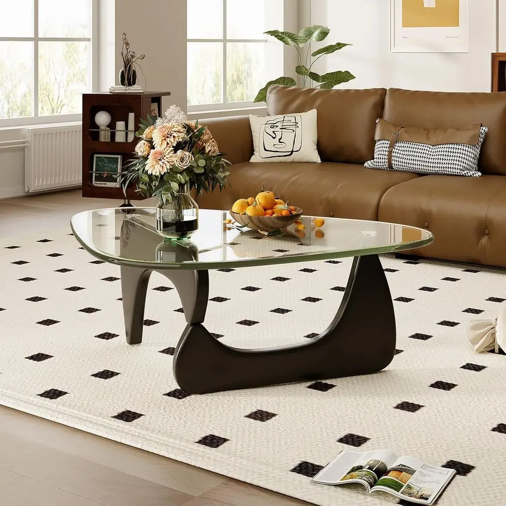 Mid-Century Modern Living Room Coffee Table with Clear Glass Top, Sleek Black Frame