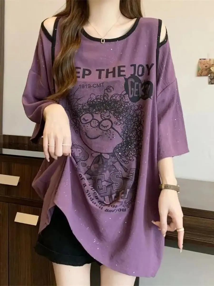 光沢のあるツーピースセット肩出しミッドレングス半袖tシャツレディース夏ゆったり痩身ファッショナブルな光る衣装