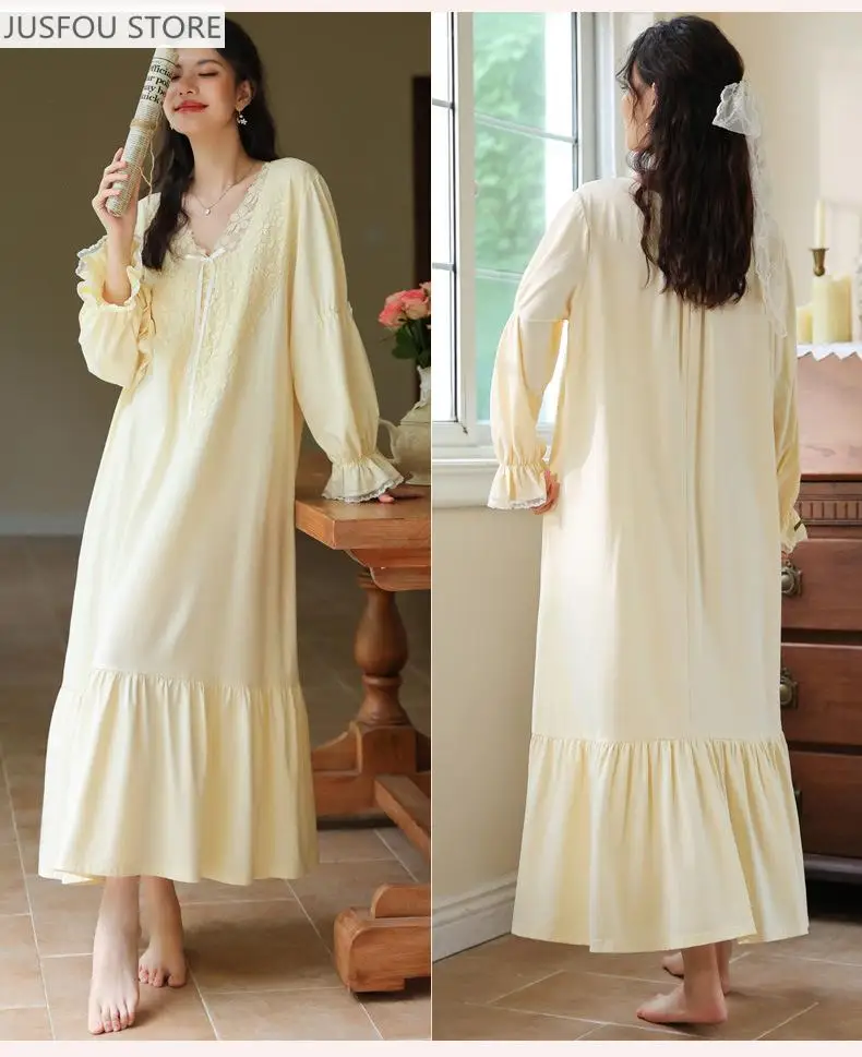 

Palace Style Long-Sleeved Nightgown, Women's Cotton Loose Large Size Long French Nightdress, Comfortable and Soft Home Wear