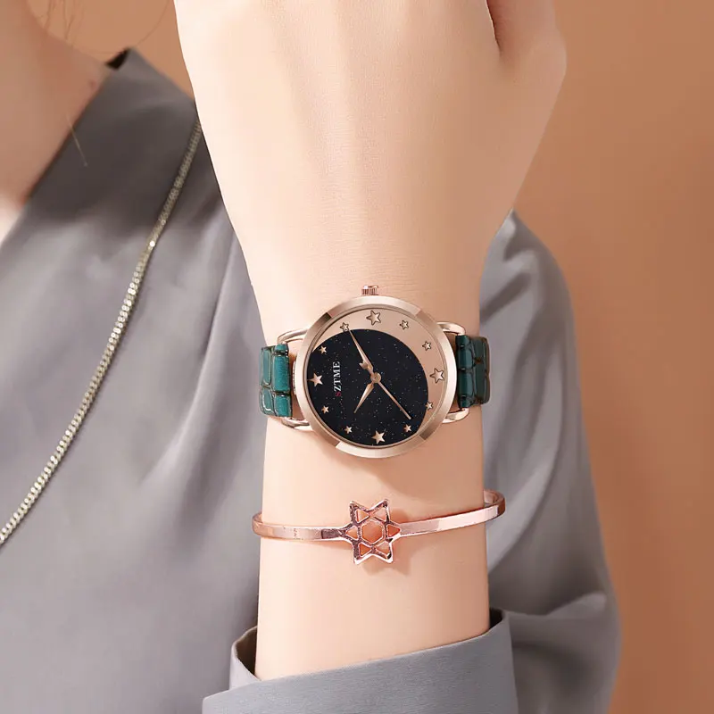 ساعة نسائية بحزام جلدي ، سماء القمر المرصعة بالنجم ، ساعة كوارتز ترفيهية لطيفة ، طراز الكلية ، الموضة العصرية #6