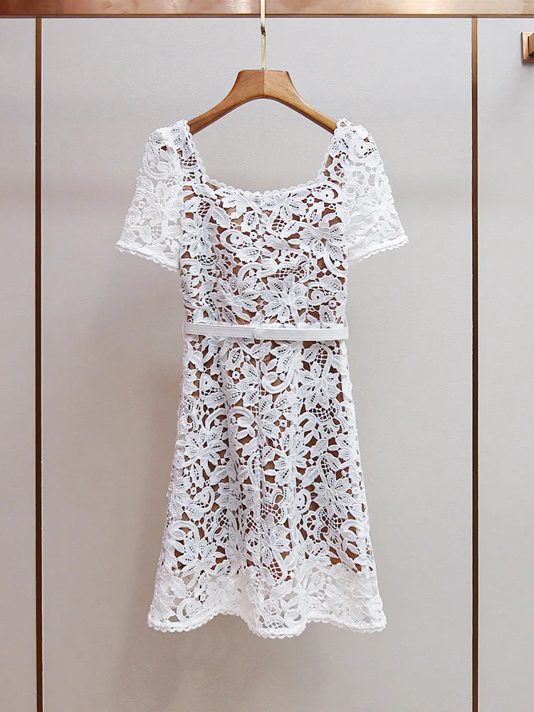 Lace Hollow Out Women Dress Short Sleeve Square Collar Slim Sweet Summer 2024 Mini Robe