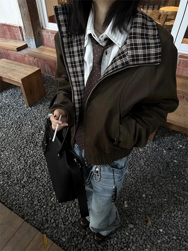 

Deep Brown American Retro Heavyweight Waed Plaid Patchwork Men's Jaet ort Stand Collar Autumn Outerwear Coat