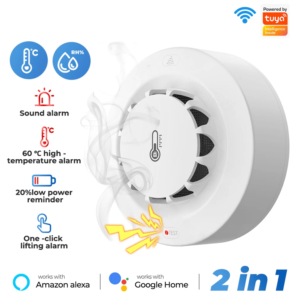 2-in-1 Tuya WiFi Smart Smoke Brandalarm Temperatuur- en vochtigheidssensor Detector Home Security System Alexa Google Assistant