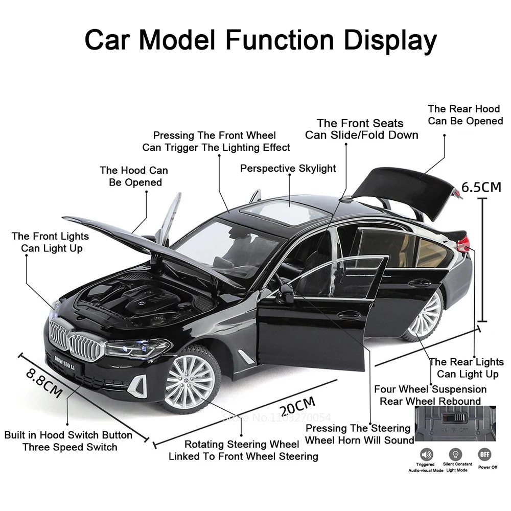 Model samochodu M3 ze stopu metalu, skala 1:24, 530Li, zabawka, otwierane drzwi, dźwięk, światło, napęd pull-back, miniaturowe pojazdy, prezenty świąteczne dla dzieci.