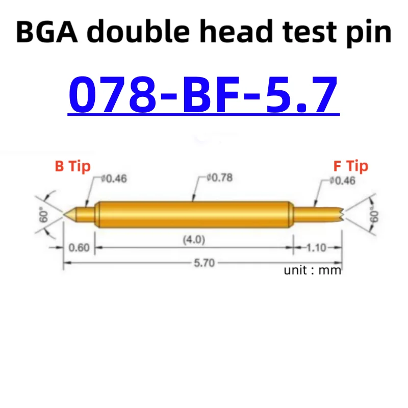 100pcs Double-ended Test Needle Test Probe BGA Semiconductor Probe 078-BF-5.7L Telescopic Spring Test Pin 5.7 Pogo Pin