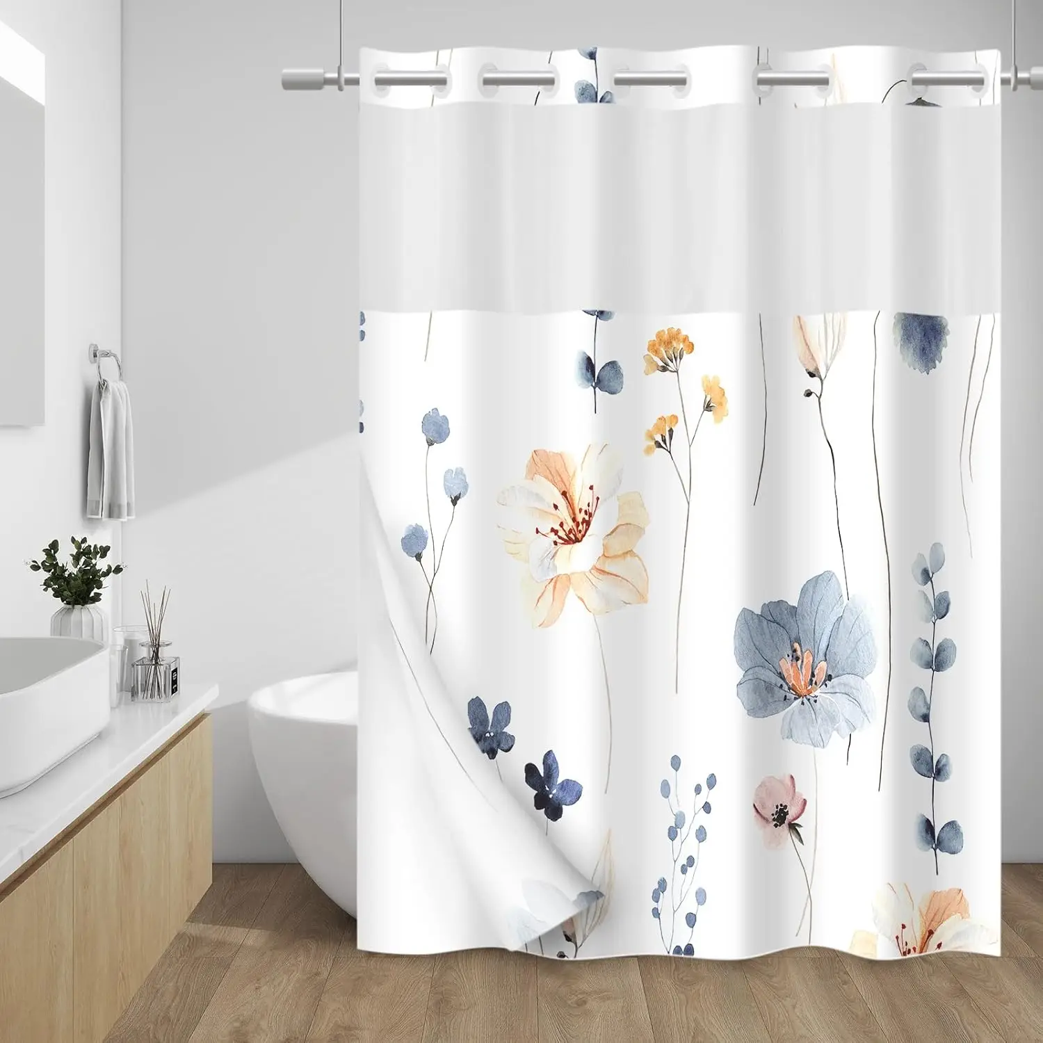 

Watercolor Floral Shower Curtain with Snap-in Liner, Waterproof Fabric, Washable Blue Beige Flowers Design, 71x74 Inch