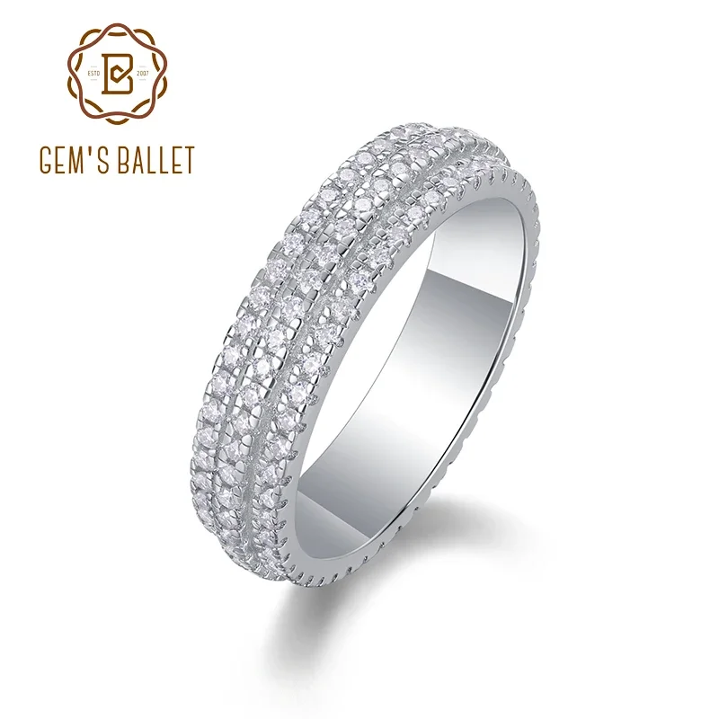 GEM'S BALLET 3 Row Pave Set Full Eternity Wedding Band 925 Sterling Silver Delicate Round  Cut Moissanite Band Ring Gift For Her