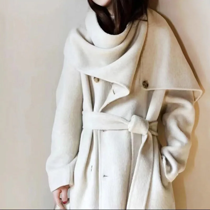 Casual Autumn Winter Scarf Collar Double-sided Wool Coat Women Loose Fashion Double-breasted Long Woolen Jacket Wool & Blends