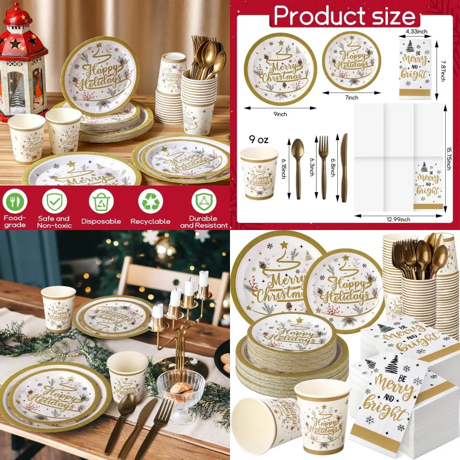 

400 Pcs Disposable Christmas Dinnerware Set with Gold Trees Design for Winter Holiday Parties Includes Paper Plates Napkins and