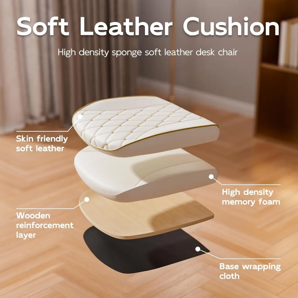 كرسي مكتب تنفيذي دوار متوسط الظهر مع تطريز جلدي ناعم، كرسي مكتب أبيض وذهبي على عجلات للمراحة #3