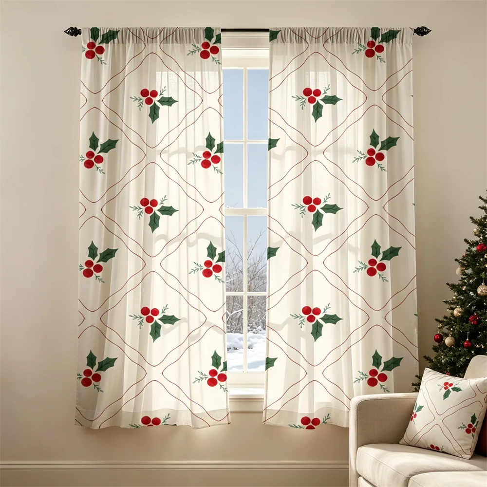 2PCS Christmas Curtains, Holly leaves red berries Print, Bedroom Living Room Window Drapes, Rod Pocket Polyester, Home Decor