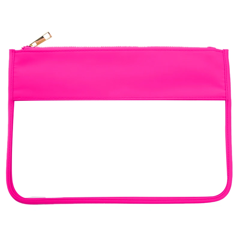 Trousse de maquillage transparente en nylon rose fluo, patchs de lettres, PVC transparent, sac de voyage pour cosmétiques, pocommuniste de rangement
