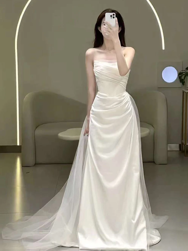

Light Satin Wedding Dress Strapless Bridal Gown Simple High-End Feel Travel Photography Welcome Guest Dress Korean Style