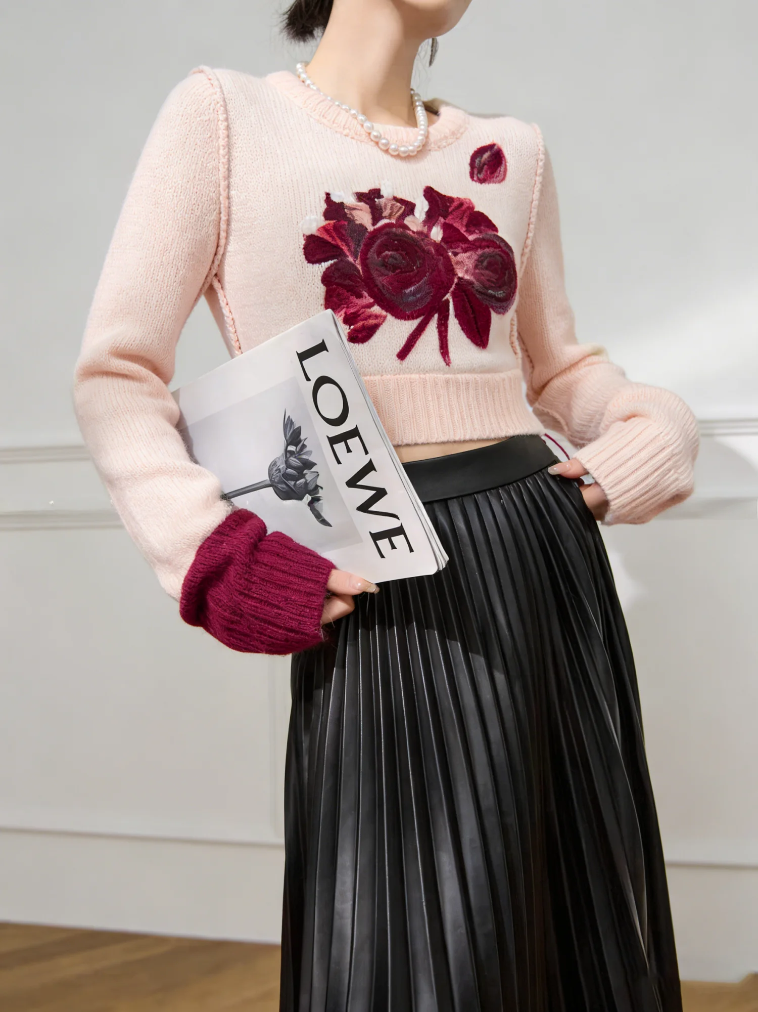

Fashionable Rose Print Slim Fit Knitwear Women's Long Sleeve round Neck Sweater Lulu Brand New 2025 Style Vintage Style