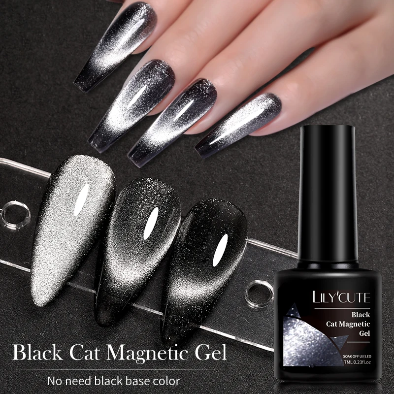 LILYCUTE 7ml 9D Black Crystal Cat Magnetic Gel Nail Polish Laser Silver Glitter Semi Permanent Manicure For Nail Art Gel Varnish