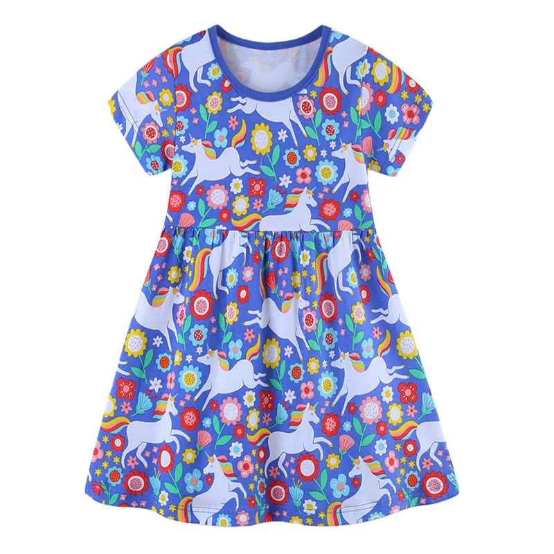 

Blue Summer Unicorn Print Princess Dress Short Sleeve Toddler Girls 2-7T Children's Party Frocks Baby Dresses