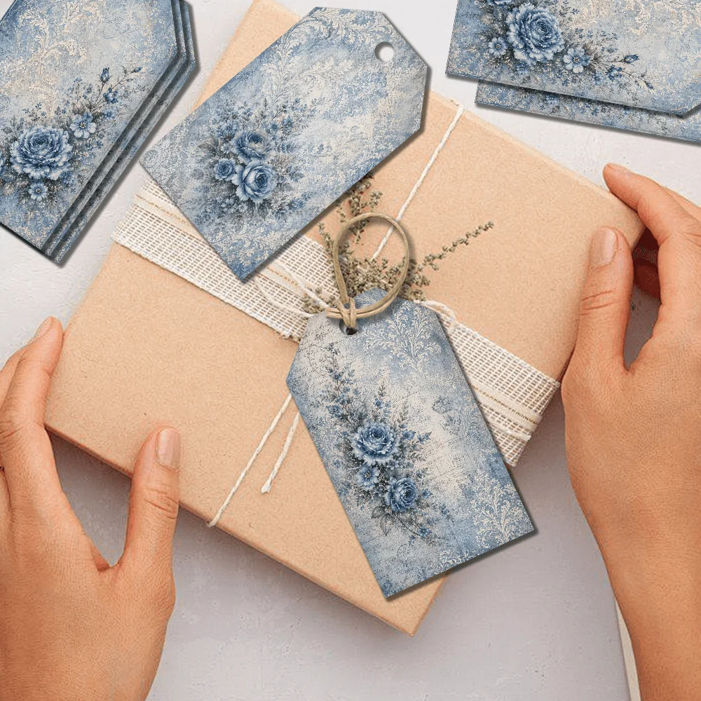 40pcs Vintage Blue Rose Decorative Tags, Holiday Gift Labels, Party Decorations, Handmade Packaging Accents, Jute Rope