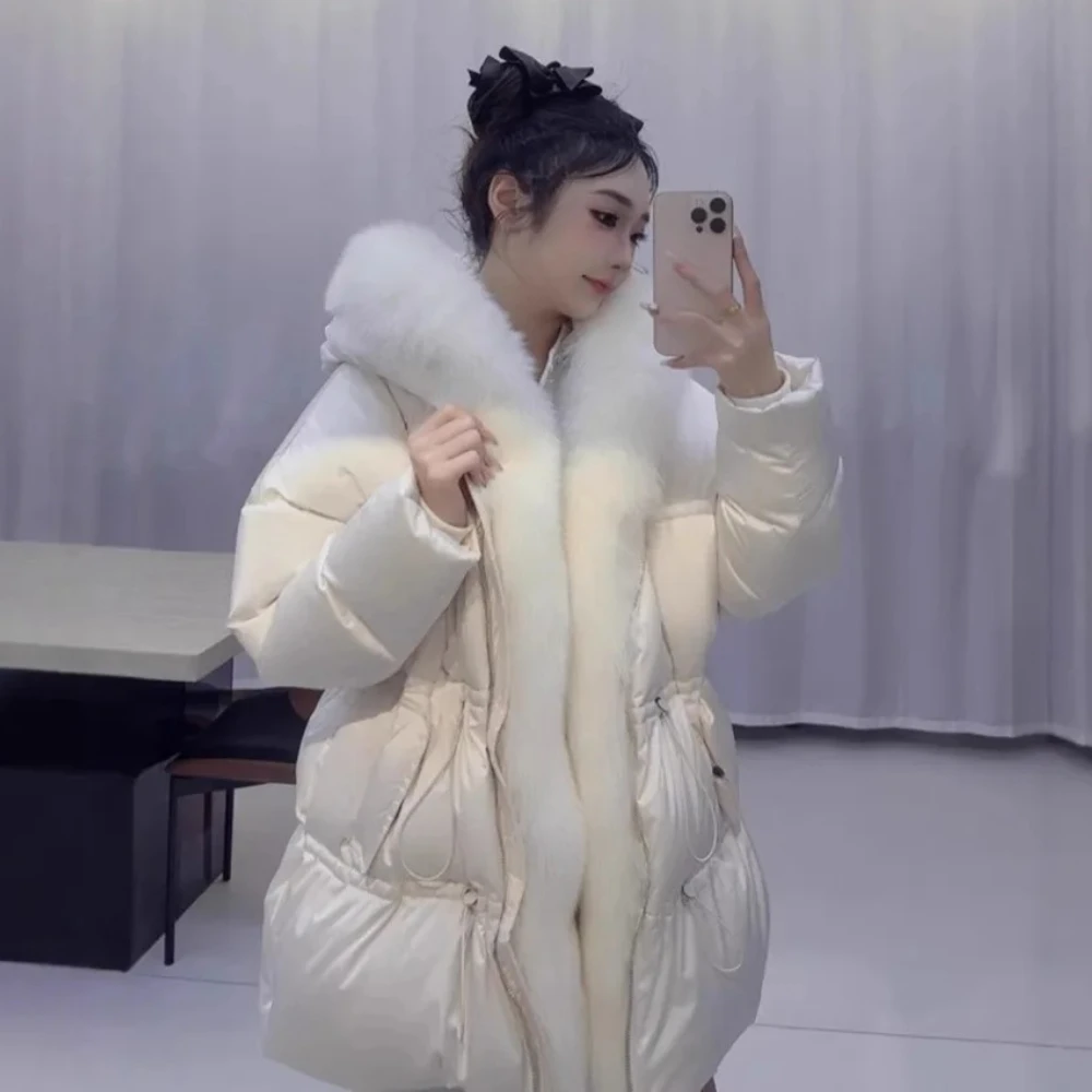 الفراء الحقيقي الطبيعي الثعلب الفراء طوق سميكة واقع الفراء سترة المرأة شتاء دافئ الأبيض أوزة أسفل معطف فضفاض قصير سترة منفوخة #3