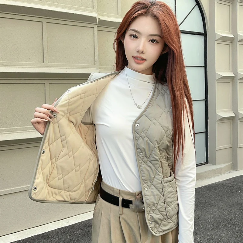 

Fashion Single Breasted Cotton Vest Women Autumn Winter V-Neck Sleeveless Cotton Vest for Woman Keep Warm Pockets Jacket Mujer