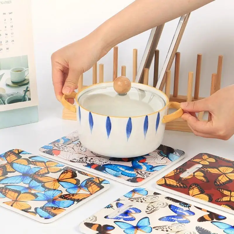 QX2E for Creative for Butterfly Pattern Rectangle Ceramic Table Placemat Modern Heat Insulation Pan Pot Bowl Pad Cup