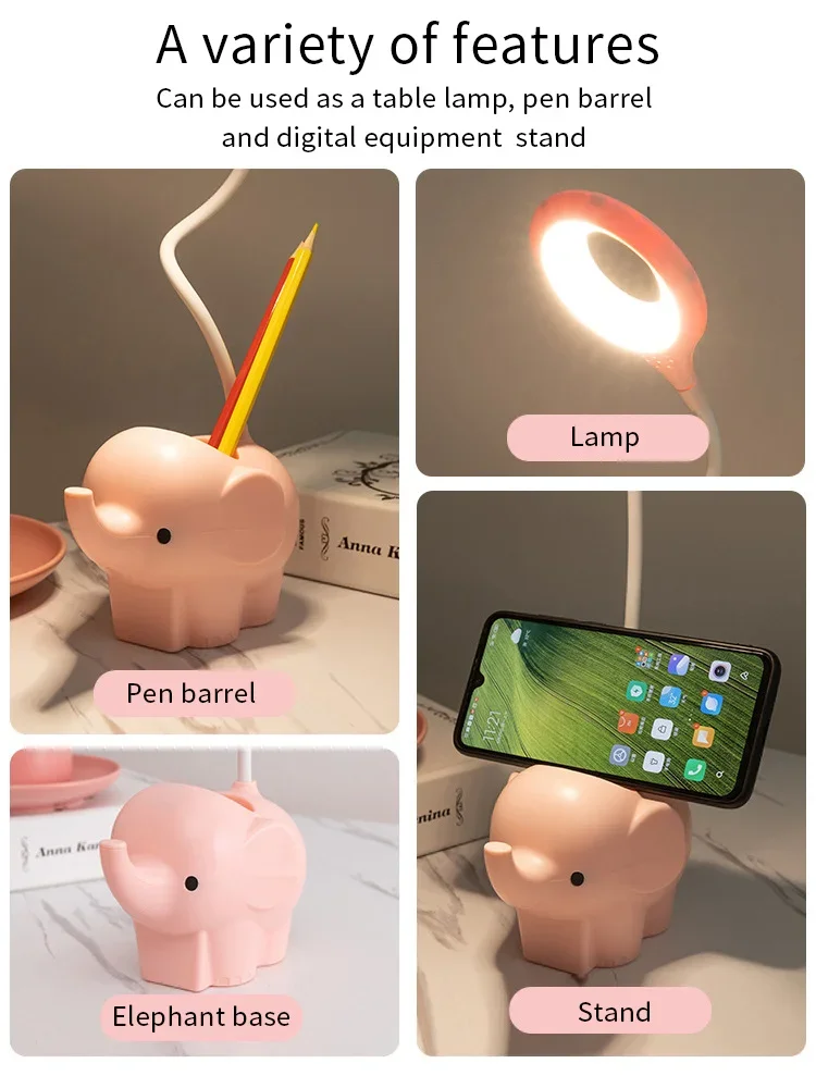 Elefante bonito LED Desk Lamp, USB recarregável, controle de toque, estudo, leitura, escurecimento Tabela, noite, crianças, cabeceira, escritório