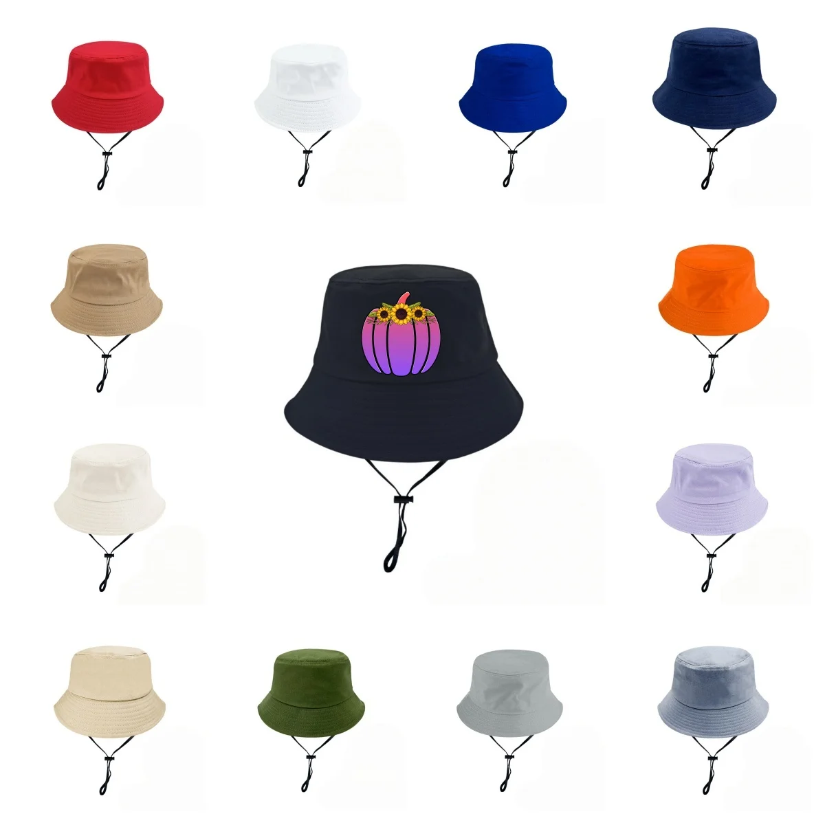 Gradient Purple Pumpkin Sunflower Print Bucket Hat Adjustable Chin Strap Outdoor Sun Protection Fisherman Cap Men Women Hat