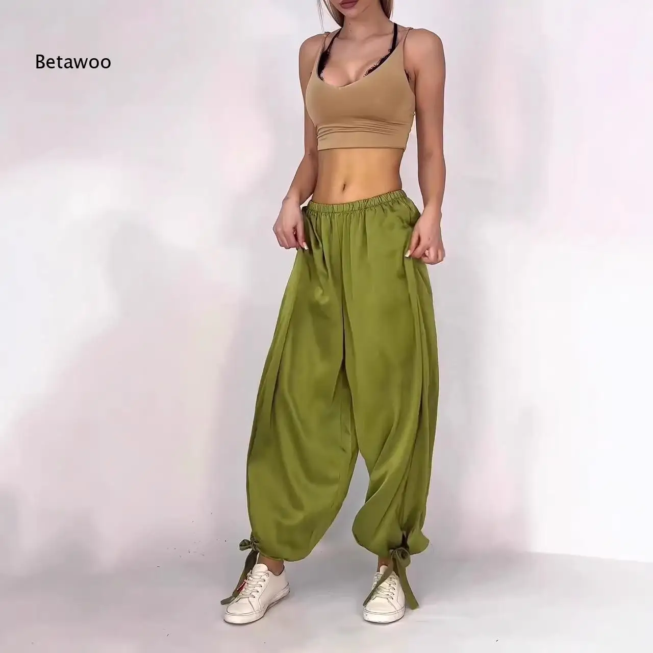 Casual Loose Harem Pant Elastic Waist Silky Satin Material Self Tie Ankle Cuff Side Pocket Full Length Trouser