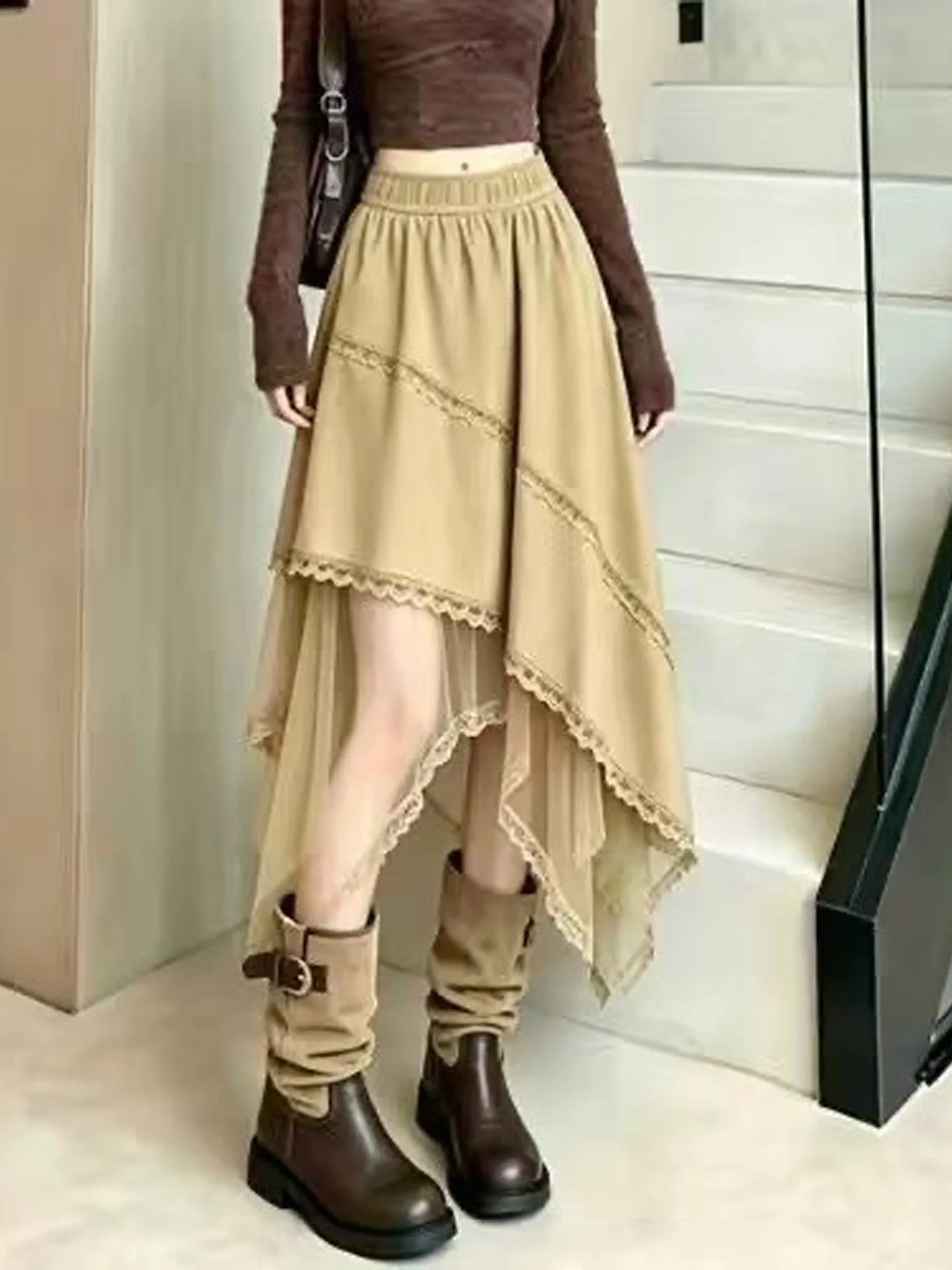 Retro American Suede Mesh Splicing High Waist Asymmetrical Fashionable A-Line Skirt for Women Commute Non-fading Standard Fit