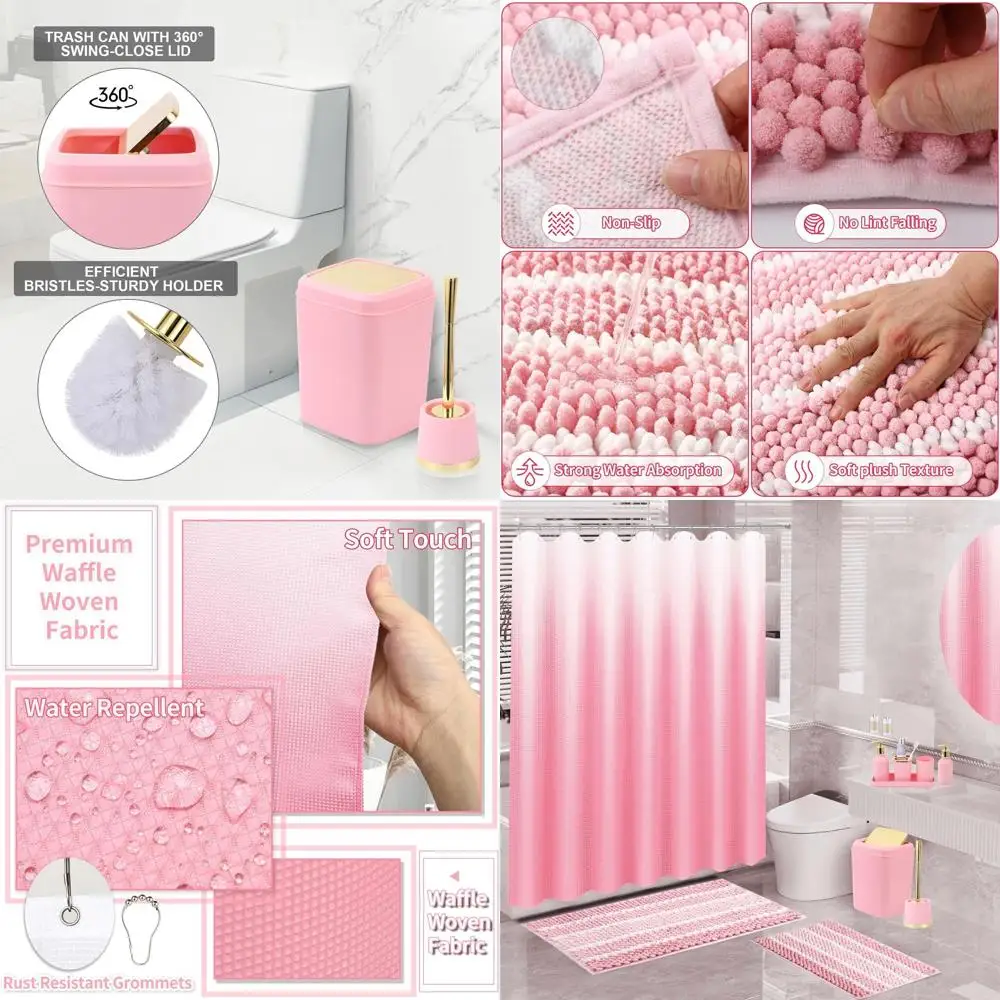 

Complete Pink Bathroom Accessory Set: Shower Curtain, Rugs, Trash Can, Toilet Brush, Toothbrush Holder & Cup, Soap Dispenser, So