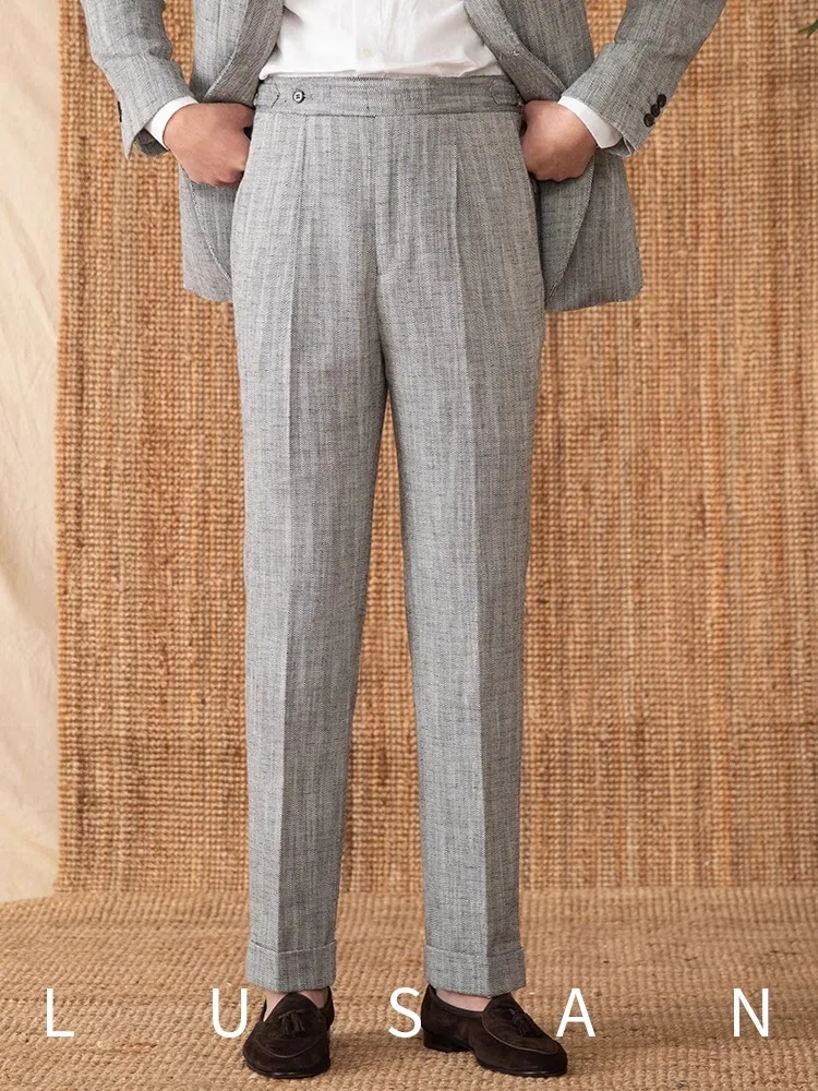 

Men's Cotton Linen High-Waisted Pants - Italian Retro Breathable Straight Leg Casual Commuter Trousers