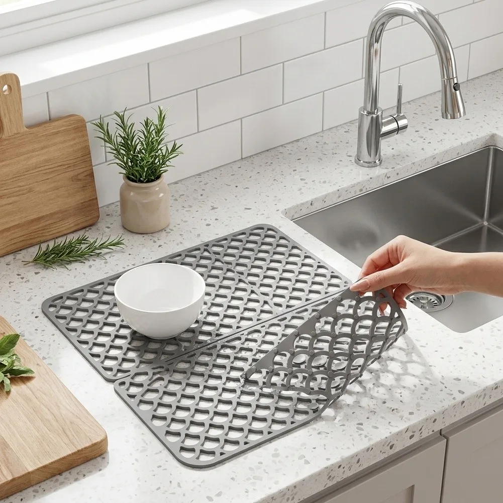2Pcs Silicone Grid Rectangular Drain Mat Hollow Hole Kitchen Basin Protective Pad Anti-Scratch Quick Water Flow Sink Protector