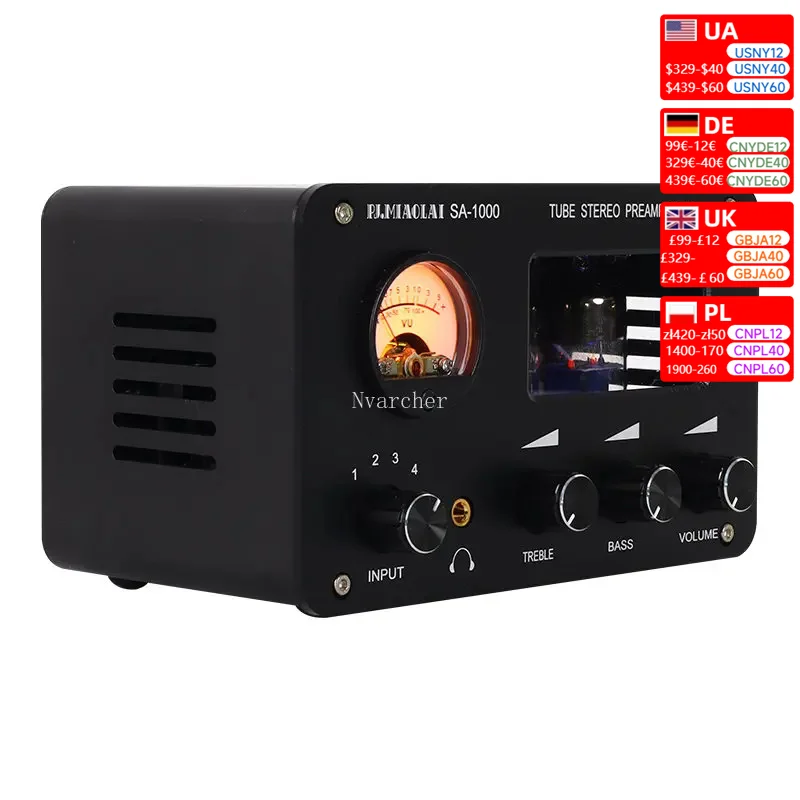 Nvarcher HiFi 6H3N tube bile preamp Audio 4 in 2 out lossless audio switching Stereo Amplifier With VU meter Volume Control