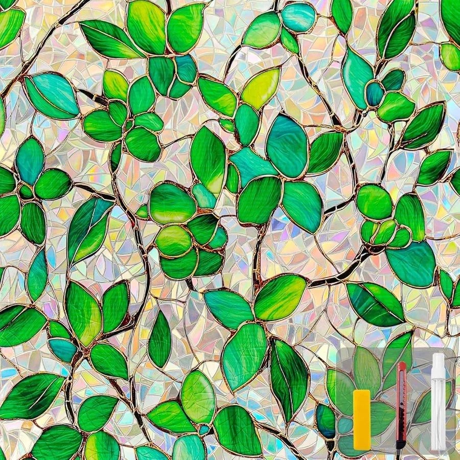 

NonAdhesive Reusable Decorative Window Privacy Film with Rainbow Stain Glass Design for Room Decoration Greenery Leaf Pattern 1
