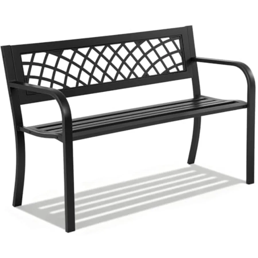 

Garden Bench, Outdoor Benches, Iron Steel Frame Patio Bench with Mesh Pattern and Plastic Backrest Armrests for Lawn Yard Porch