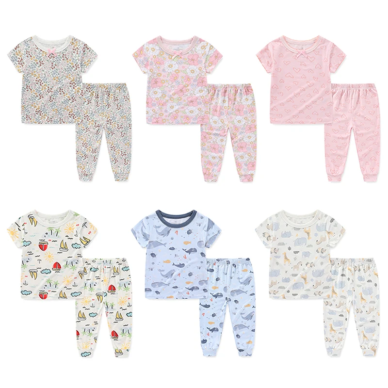 Unisex Cotton Baby Girl Clothes Sets 2 Pieces Tops+Pants Baby Boy Clothes 1-5T Print Summer Short Sleeve Cartoon Pajamas Bebes